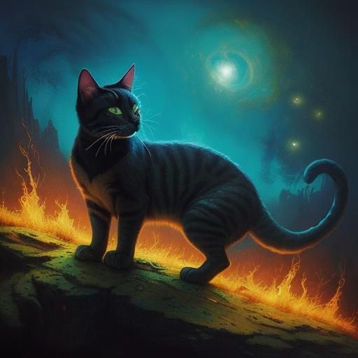 Brave Cat Repairs Cosmosaurus in Dreamy Surreal Art