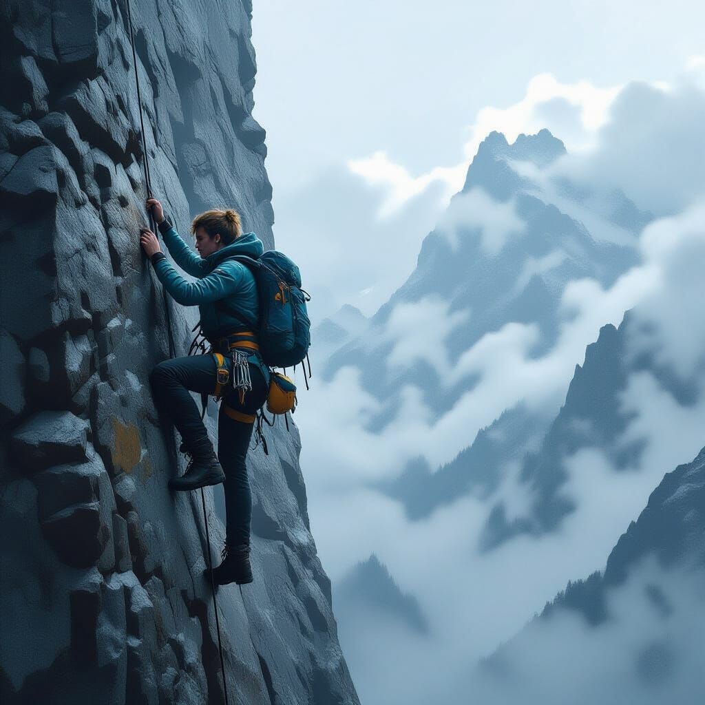 Climber Scales Mountain in Atmospheric Sci-Fi Style