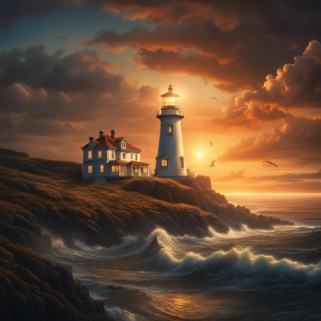 Elegant Lighthouse at Sunset: Digital Matte Painting