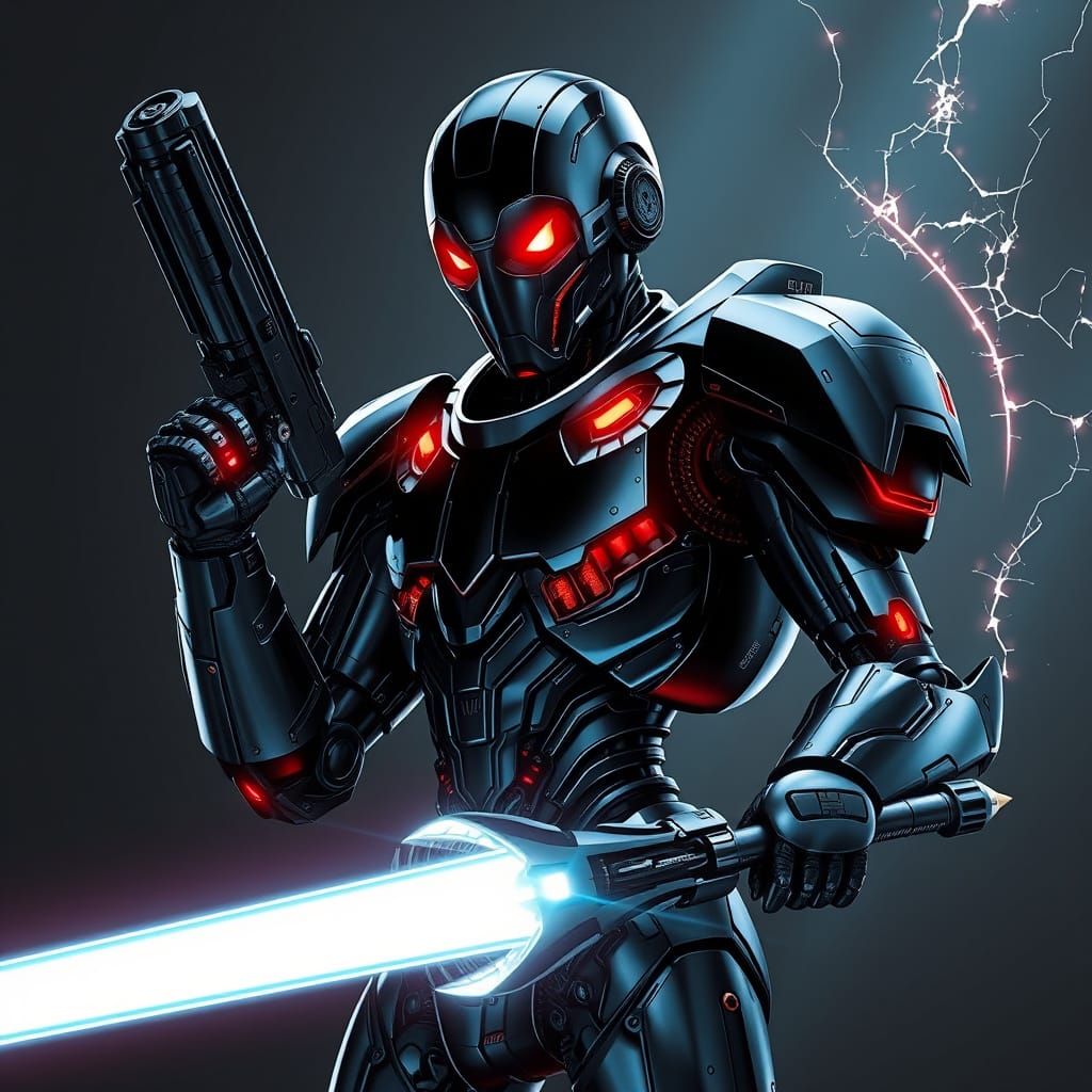 Cyberpunk Robot Warrior with Laser Weapons