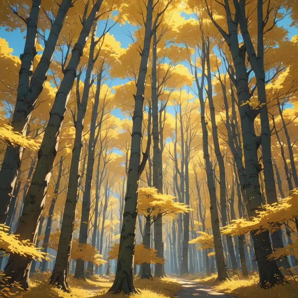 Yellow Trees Swaying in Anime Fantasy Forest