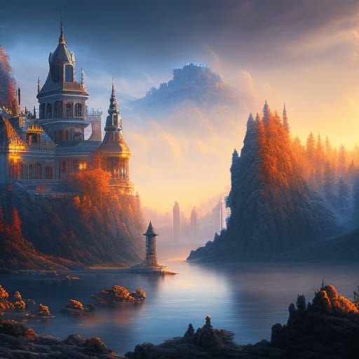 Night Castle Under Moon in Detailed Oil Painting