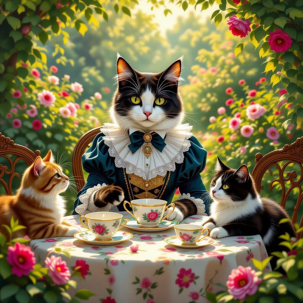 Victorian Cat's Tea Party: Oil Painting in Sunlight
