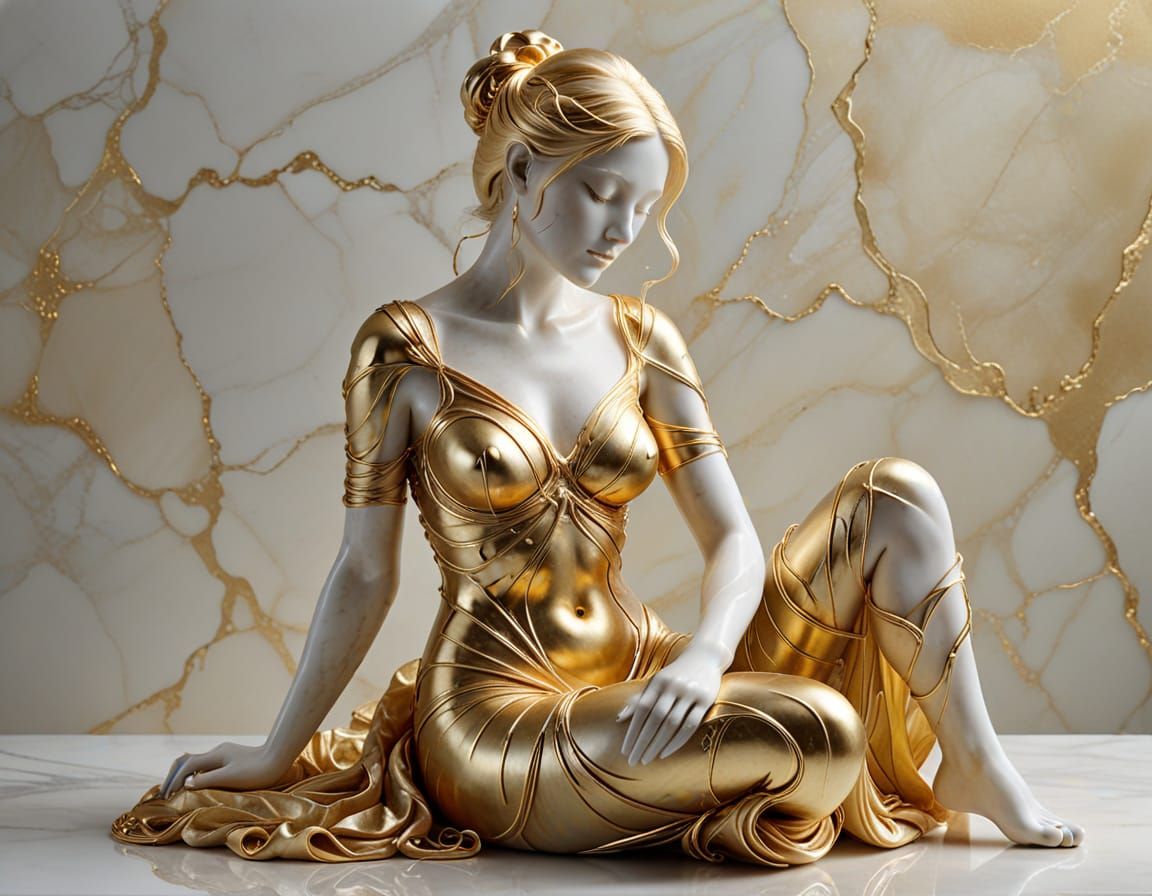 Marble Woman Sculpture with Gold Yarn Details
