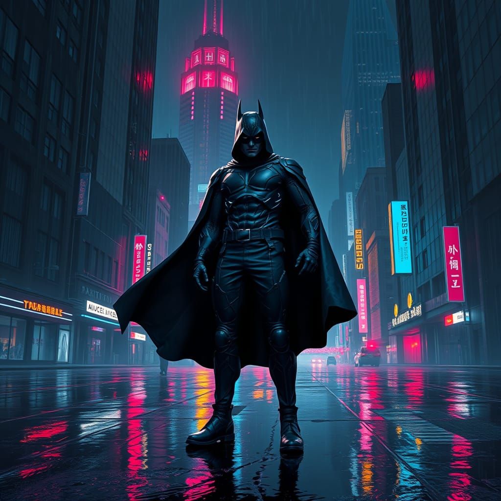 Cyberpunk Superhero in Rainy Cityscape
