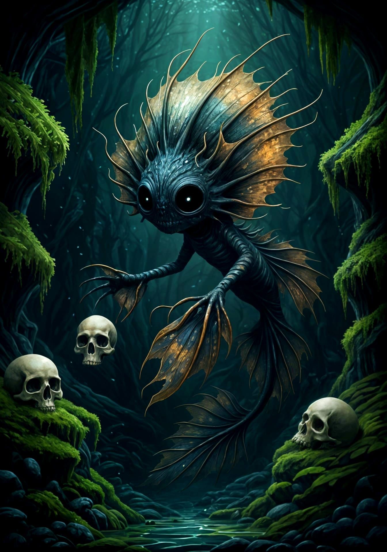 Ethereal Creature Dances with Skulls in a Triadic Color Worl...