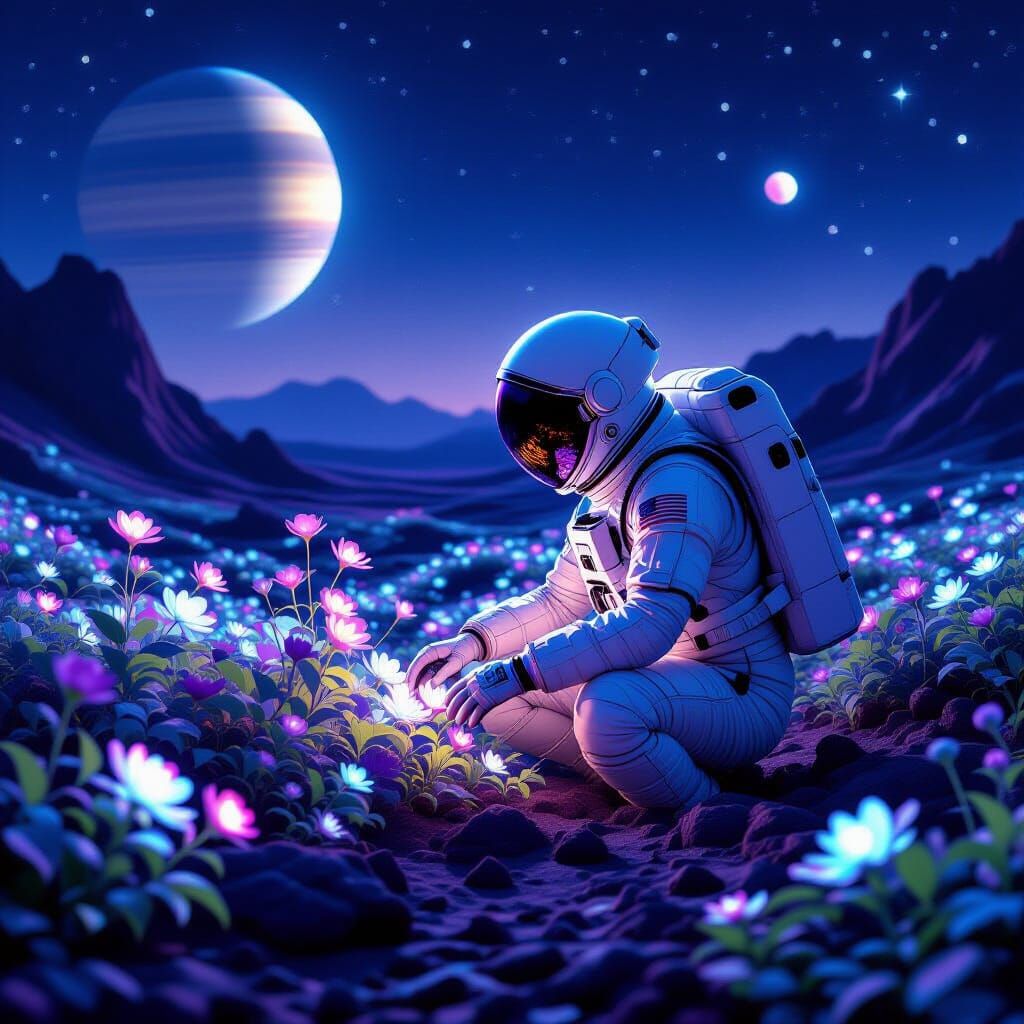 Astronaut Tends Bioluminescent Garden on Alien Planet