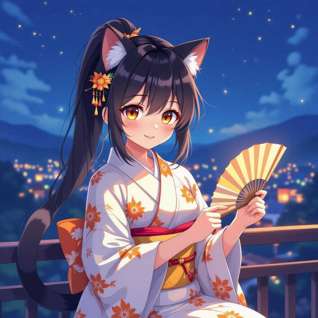 Anime Cat Girl in Summer Festival Night, Studio Trigger Styl...