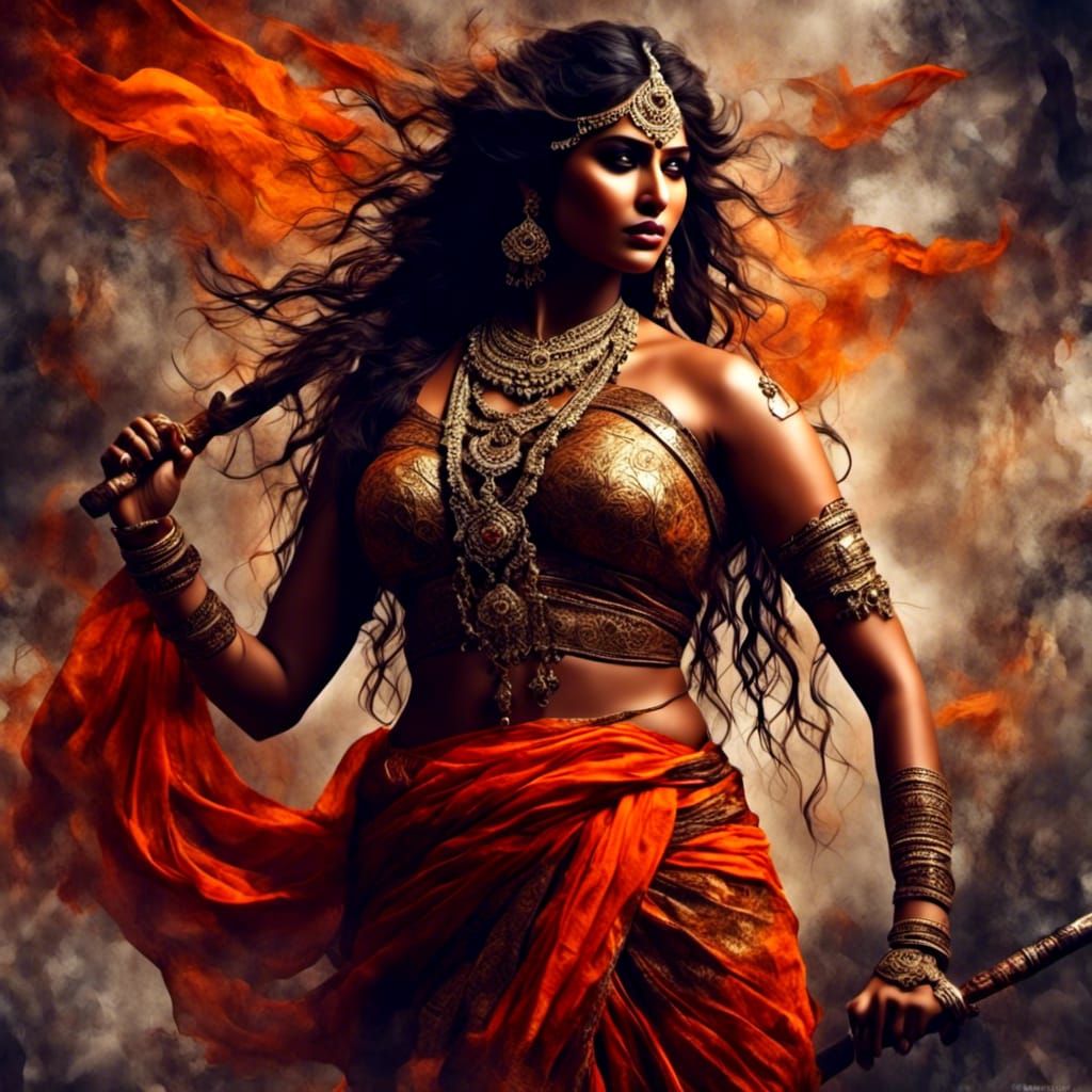 Beautiful Indian Woman Warrior with Swords, Hyperrealism