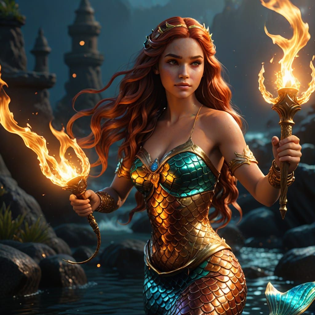 Mermaid with Golden Torch in Hyper-Realistic 3D