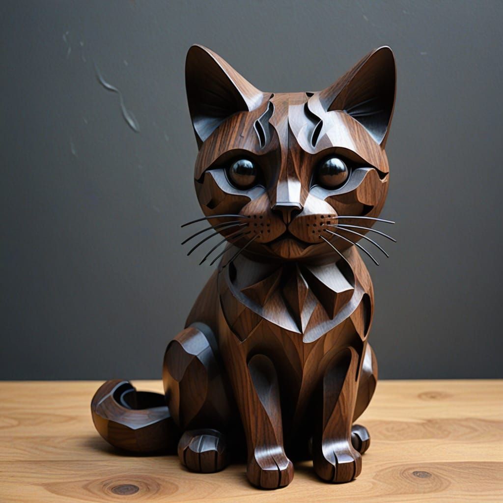 Basic abstract cat sculpture in dark wood