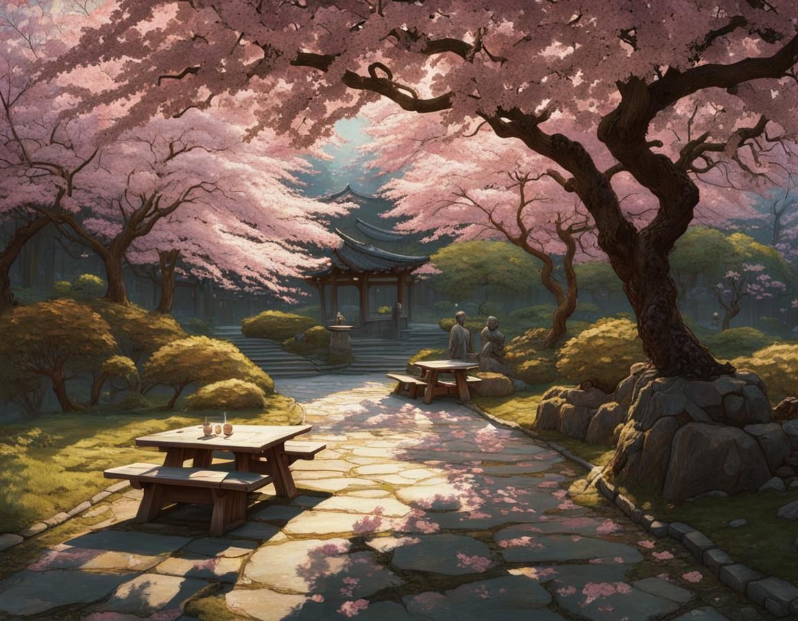 Cherry Blossoms Grace Picnic in Japanese Garden