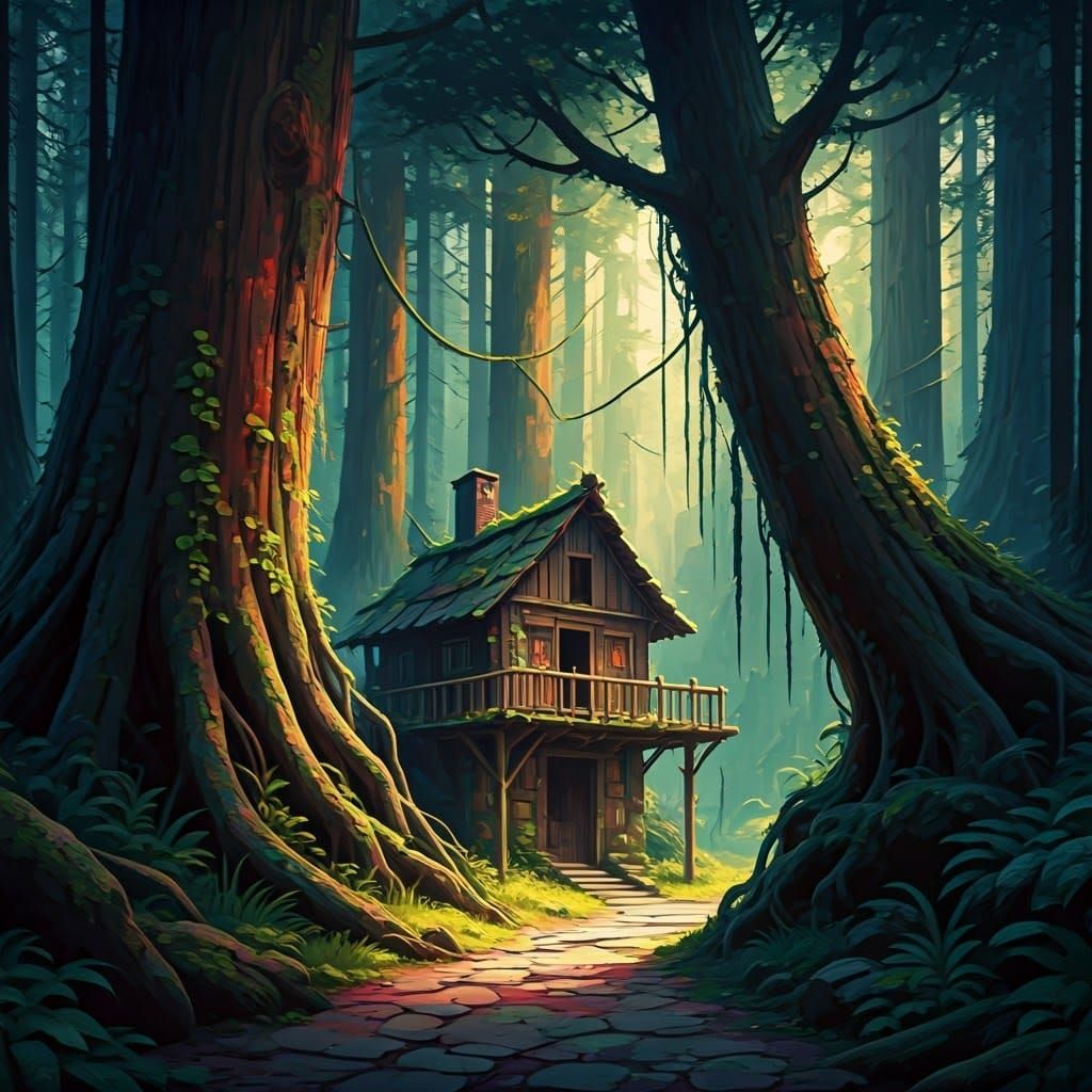 Surreal Forest Cabin in Whimsical 3D Oil Painting Style
