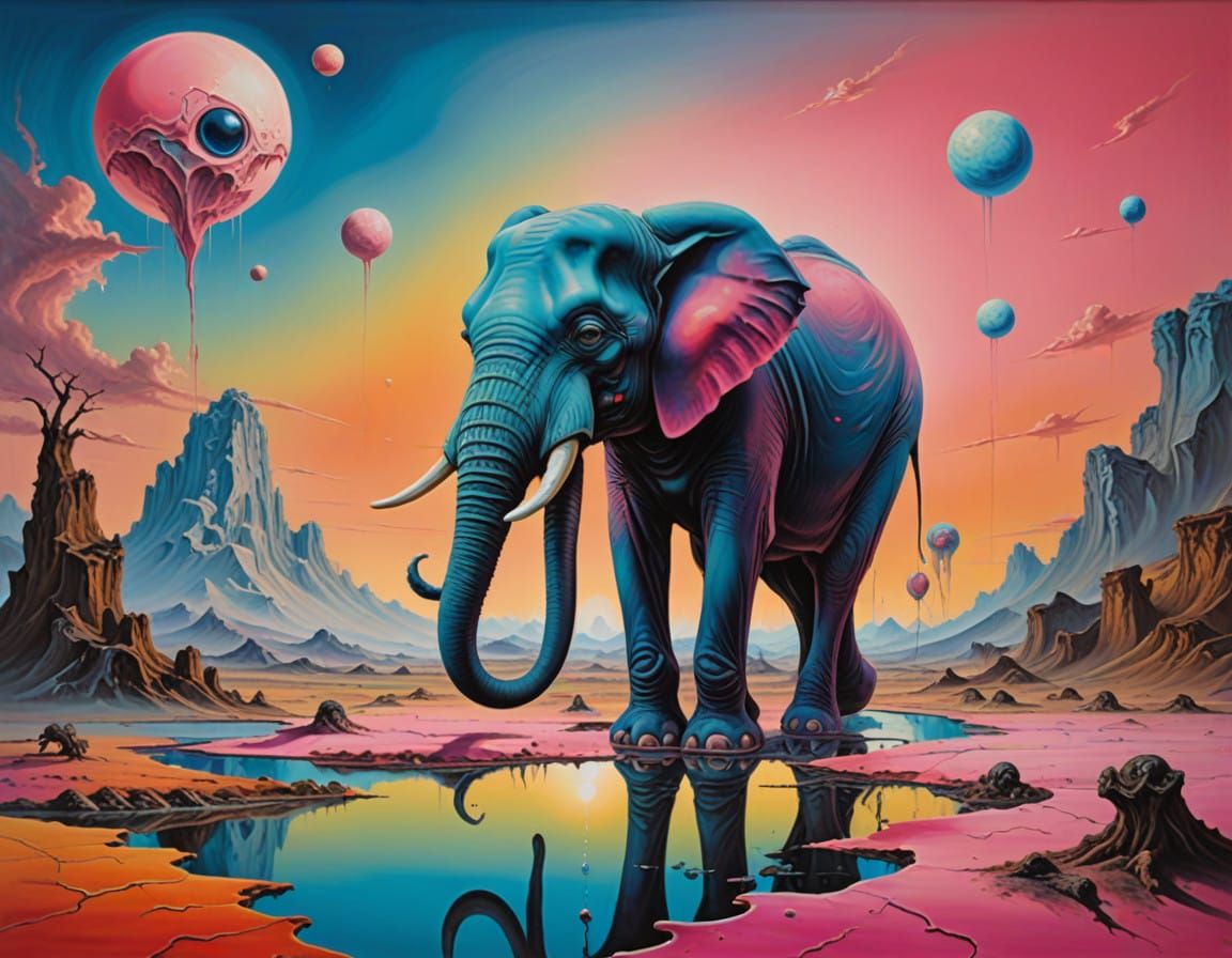 Surreal Sunrise Landscape with Pink Elephant and Winged Eyeb...