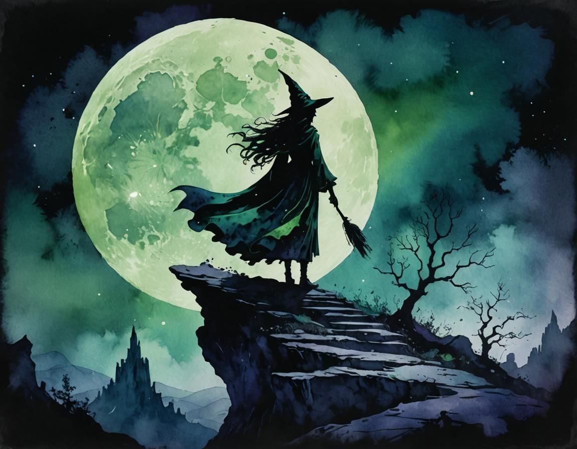 Lone Witch Under Crescent Moon, Casting Spell Among Swirling...