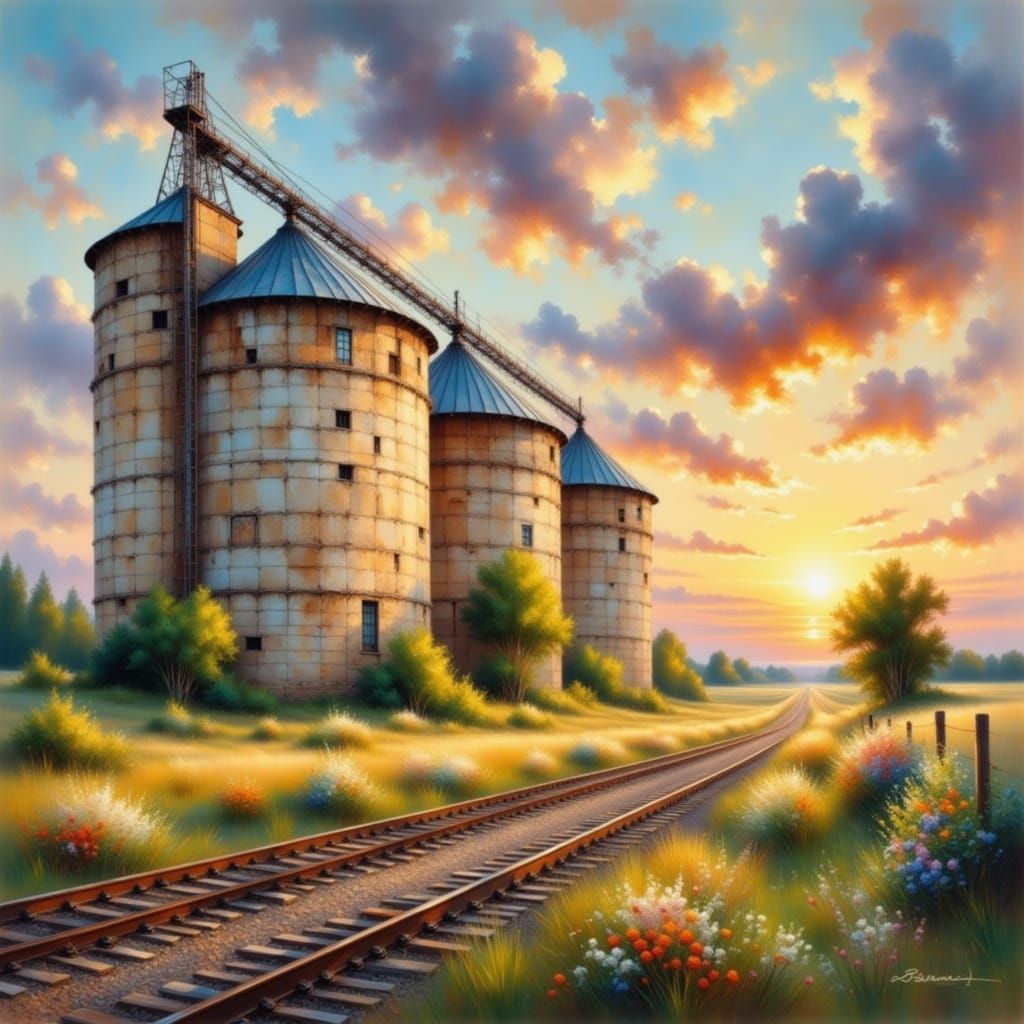 Grain Silos Beside Railway at Sunset