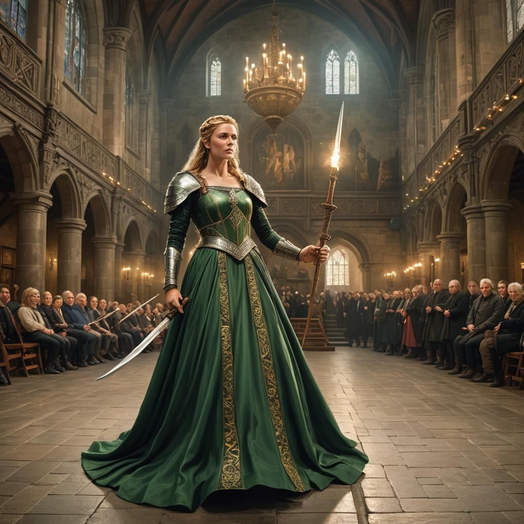 A spear carrying Viking queen wearing a green armoured ball ...