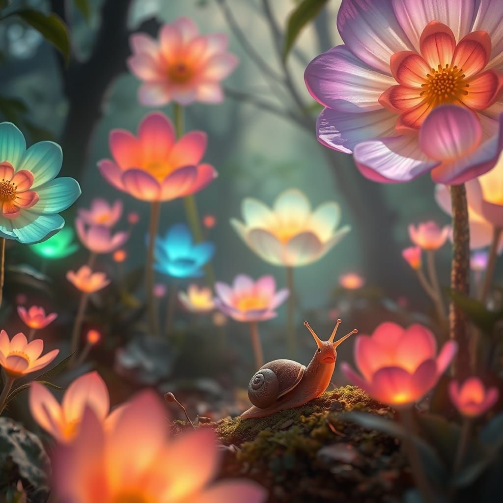 Glowing Flowers and Snail in Ethereal Grove