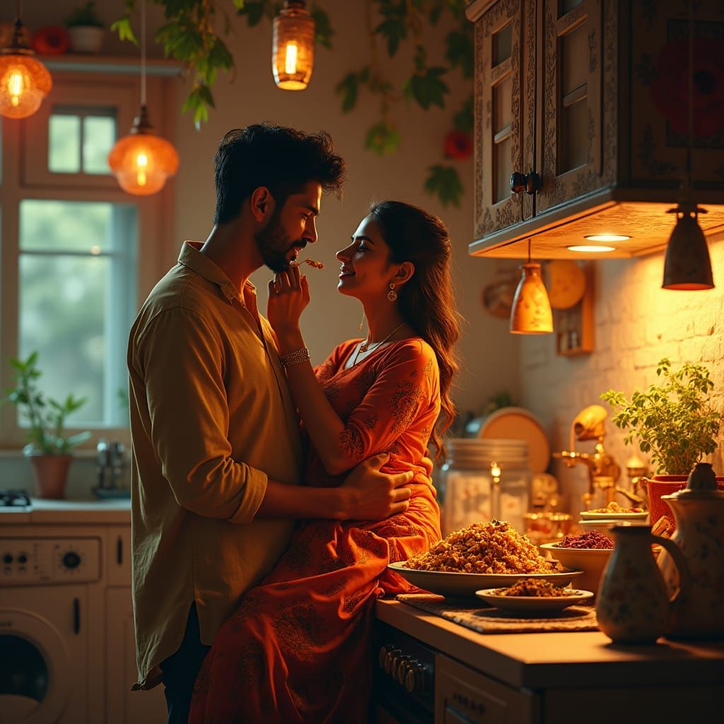 Cozy Couple Cooking Biryani in Ornate Kitchen