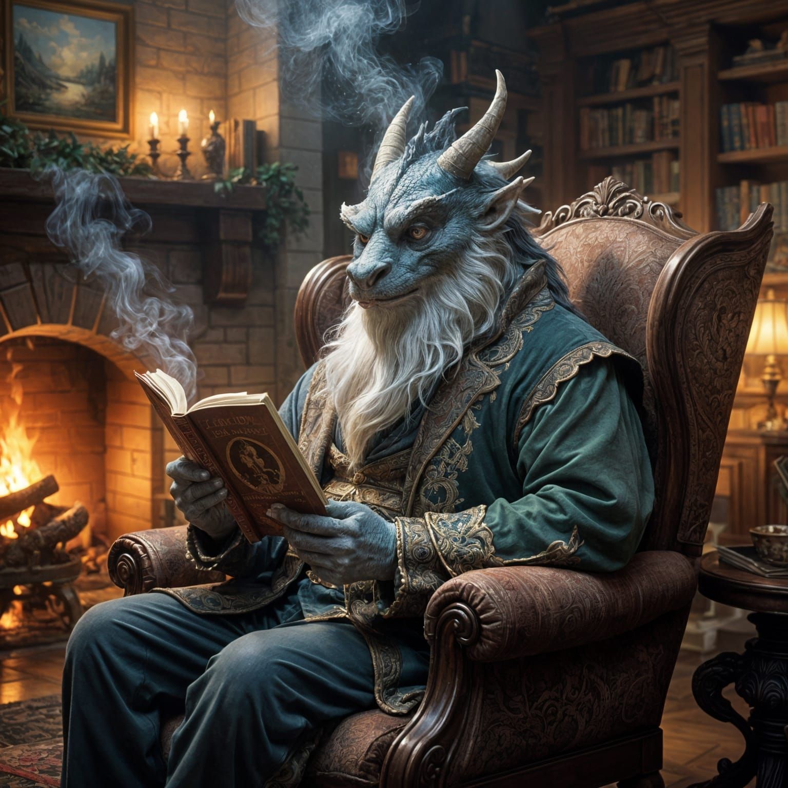 Cinematic film still. Medium shot. A wise, old dragon with a...