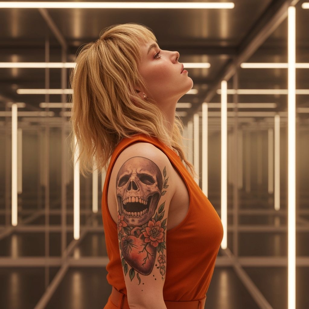 Blonde Woman with Skull Tattoo in Futuristic Style