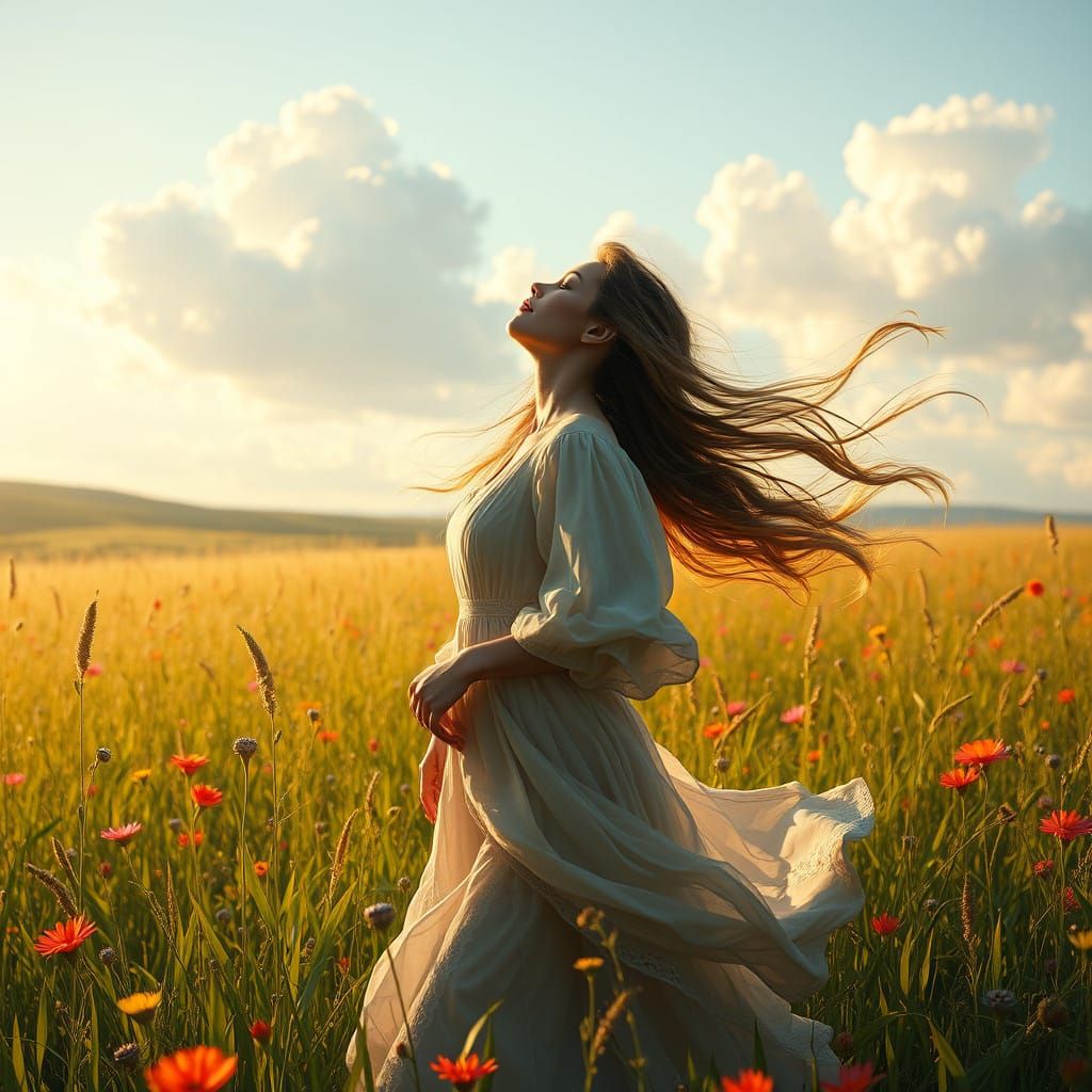 Serene Woman Stands Free in a Vibrant Field of Wildflowers
