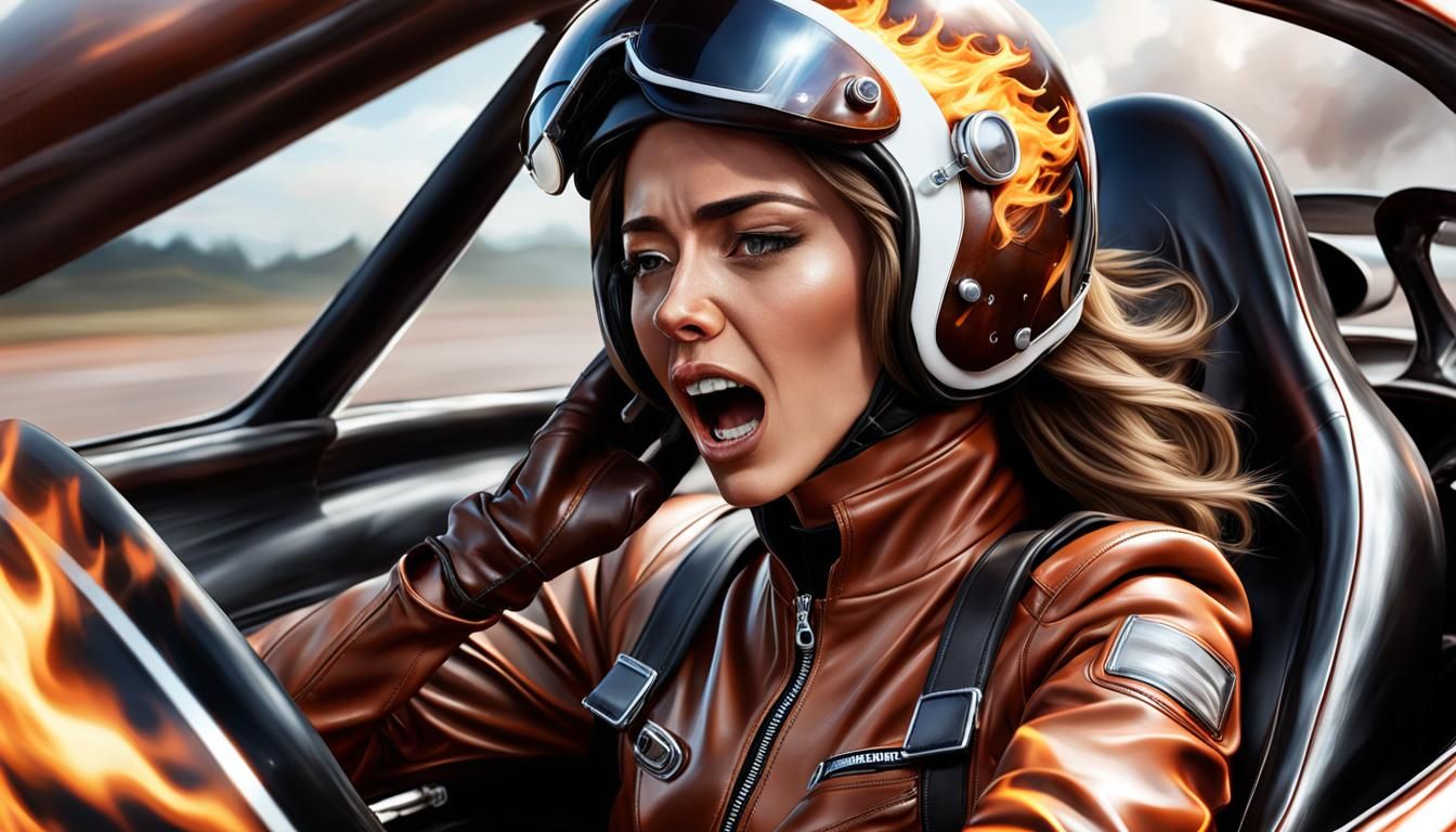 Hyperrealistic Racing Girl in Burning Car
