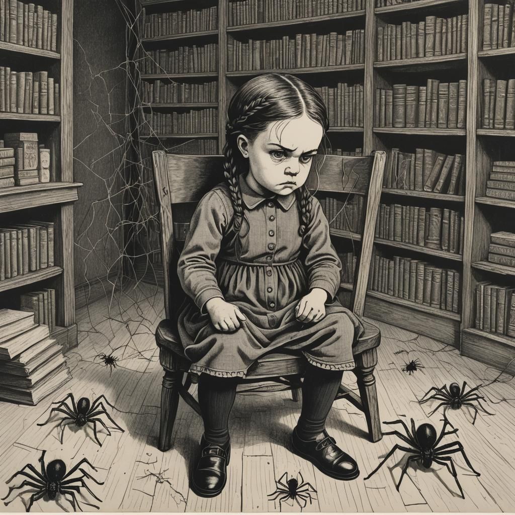 Angry Toddler in Abandoned Library, Gorey Lithograph