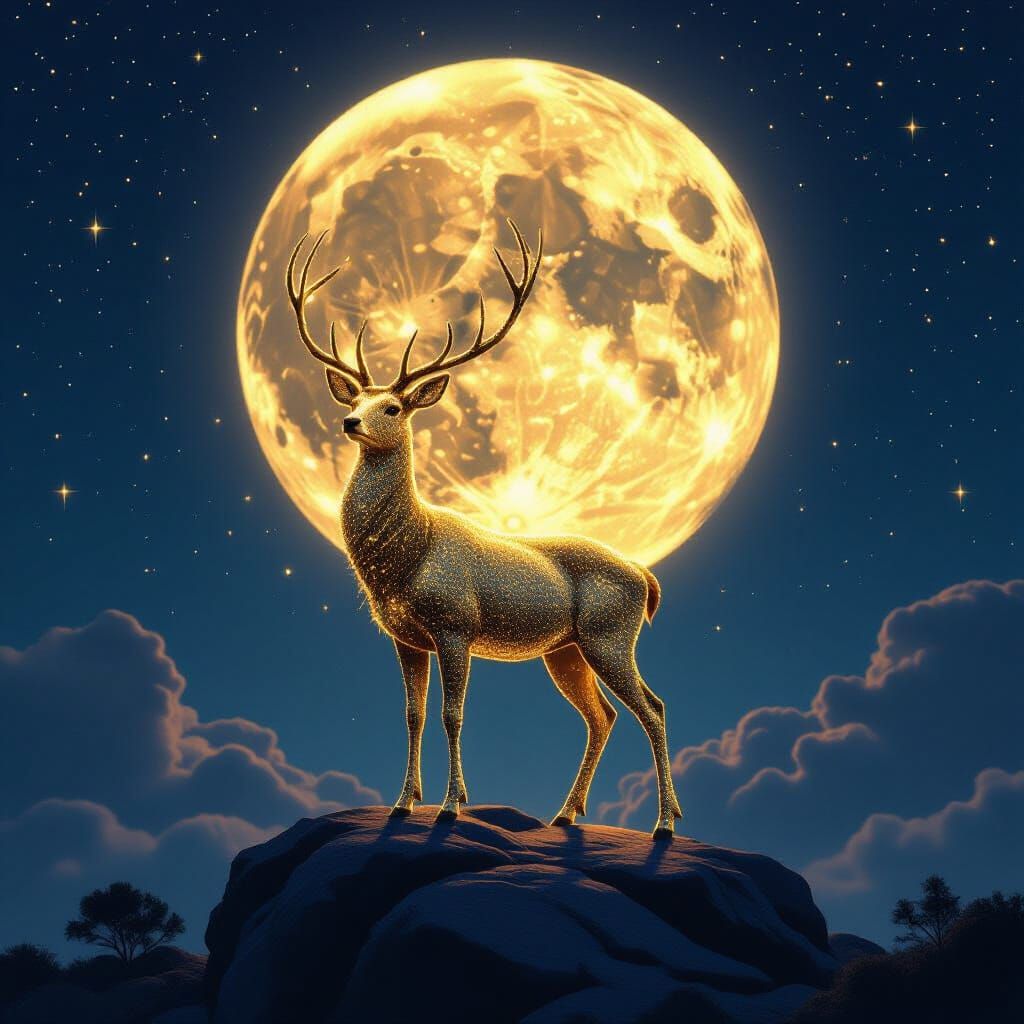 Golden Particle Deer Under Luminous Moon in Starry Sky