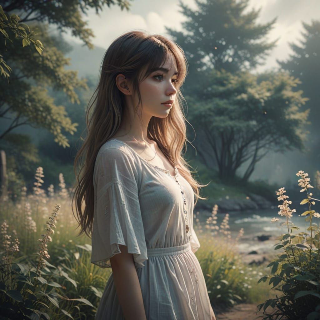 Anime Girl in Dreamy, Nostalgic Setting