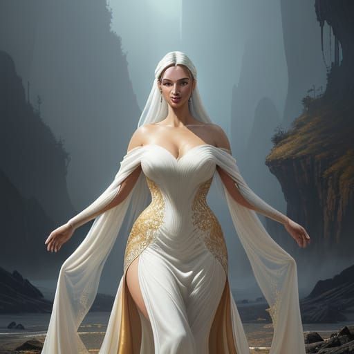 Gorgeous Fantasy Woman in Stunning White Gown
