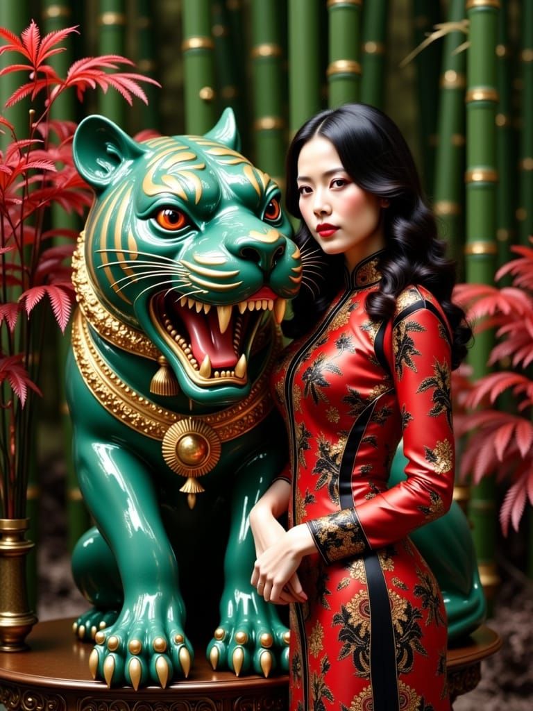 French Woman in Cheongsam Beside Emerald Tiger Sculpture
