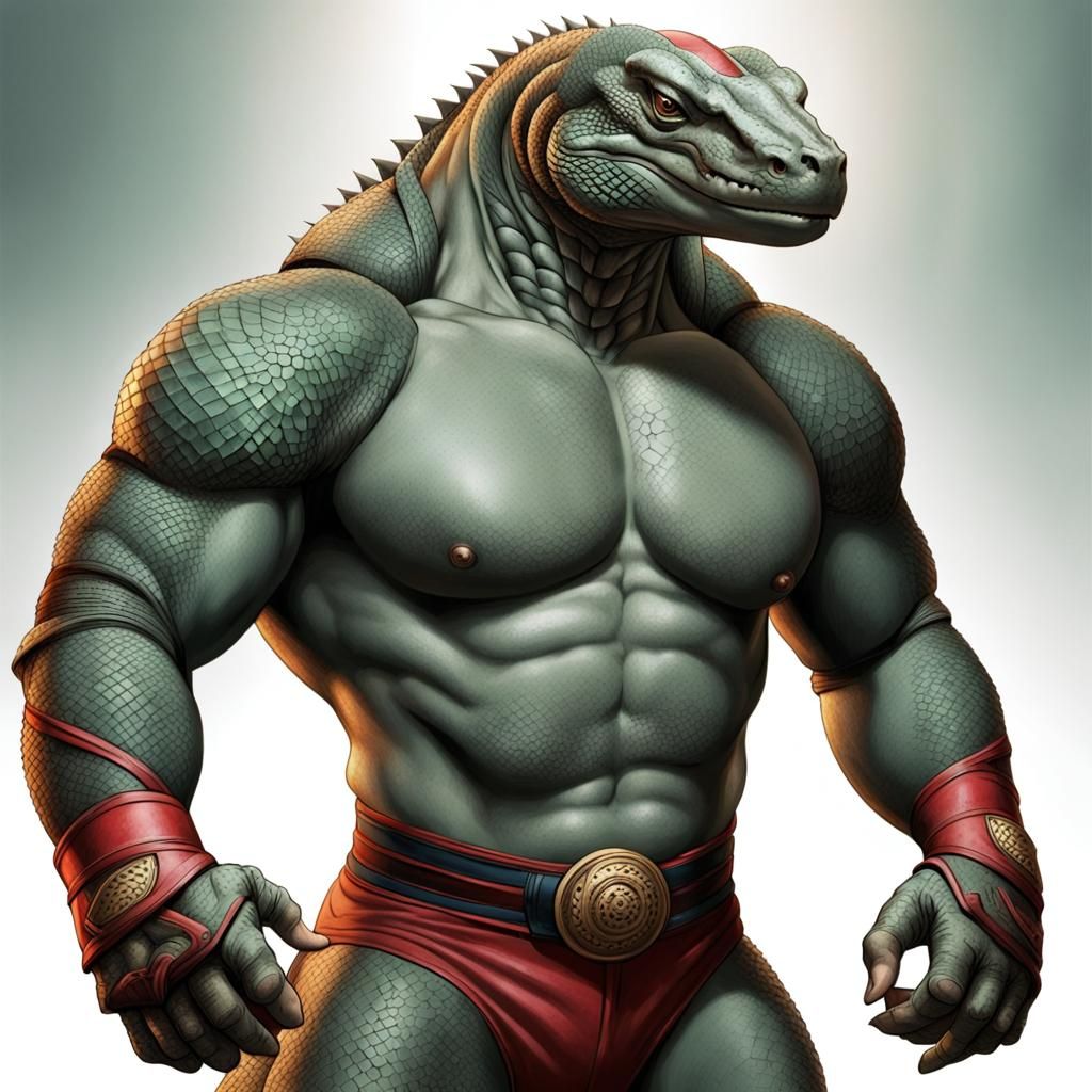 a powerful humanoid komodo dragon hybird that is a pro wrestler