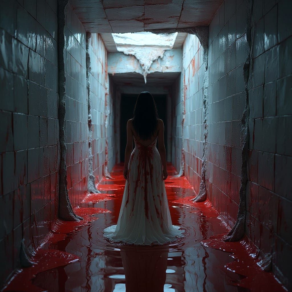 Surreal Porcelain Corridor with Oozing Silver Liquid