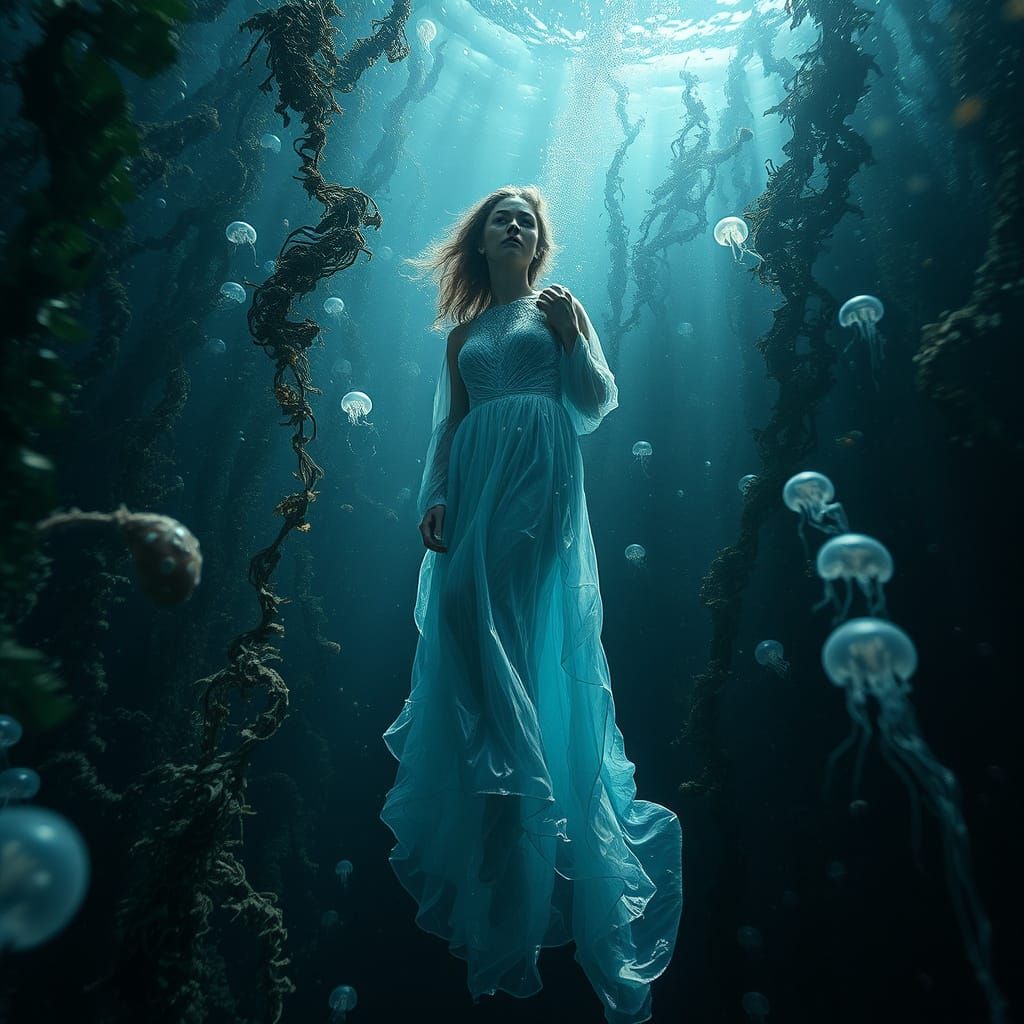 Underwater Woman in Bioluminescent Kelp Forest