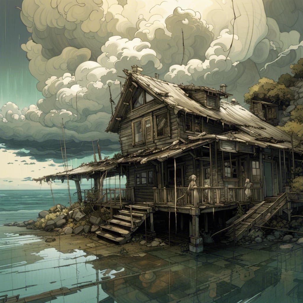 Storm Clouds Over Ocean Cabin: Fantasy Masterpiece