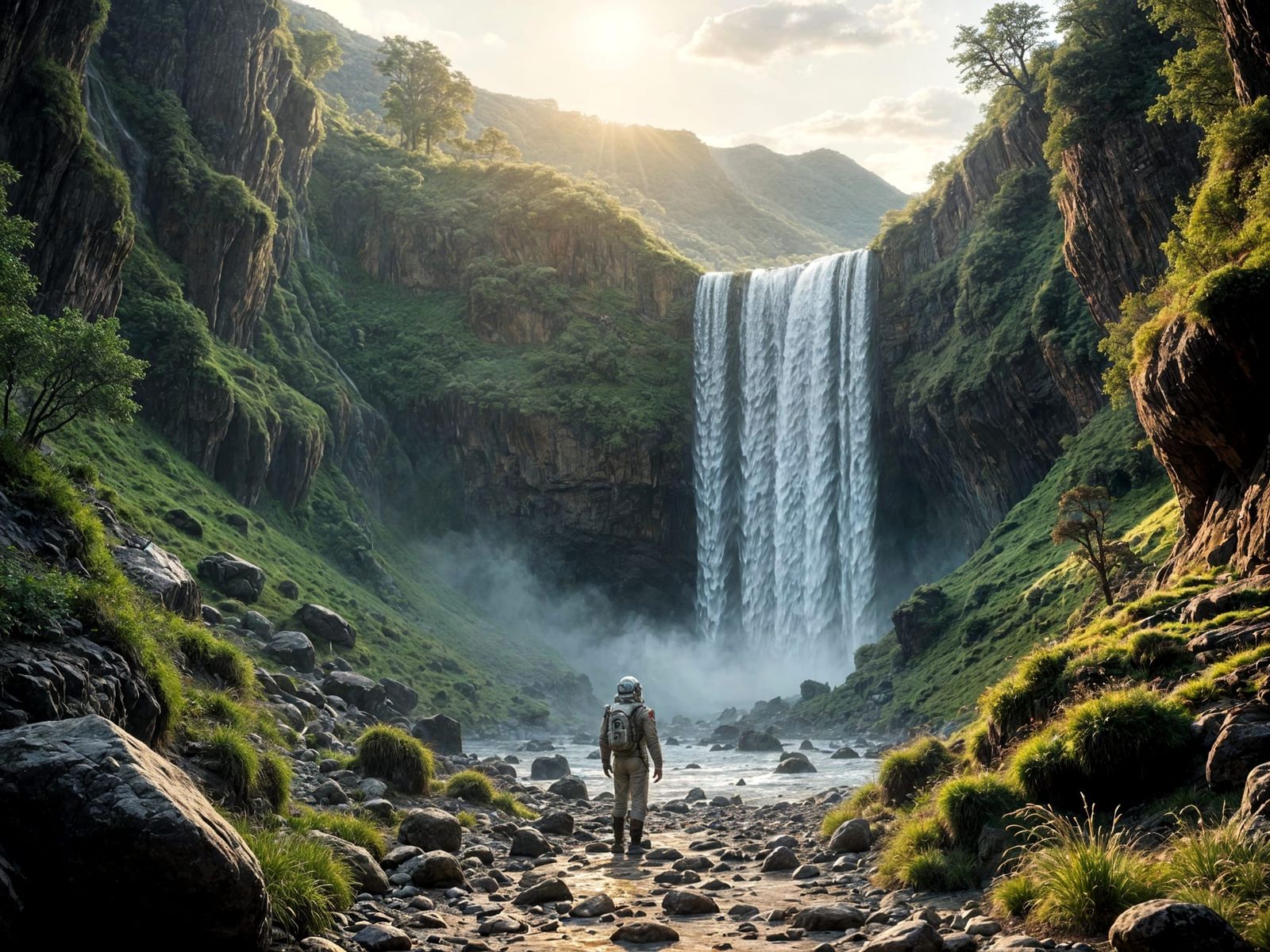 Astronaut Discovering Oasis on Alien Planet