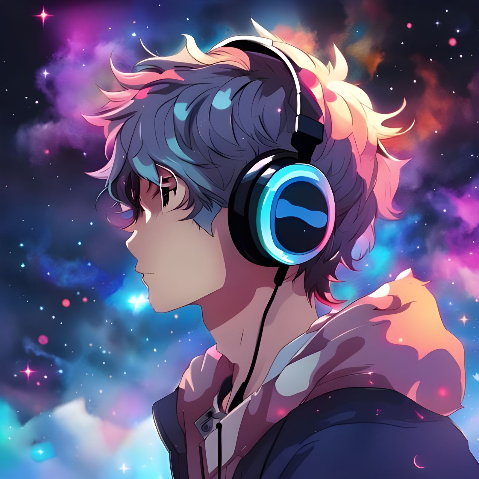 Teen with Headphones in Anime Style