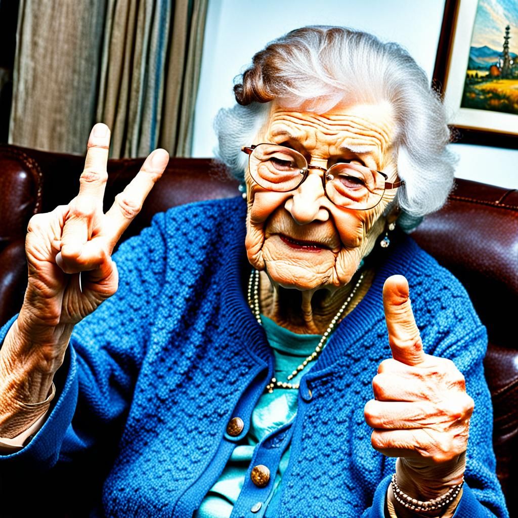 Rebellious Grandma Gesturing with Middle Finger