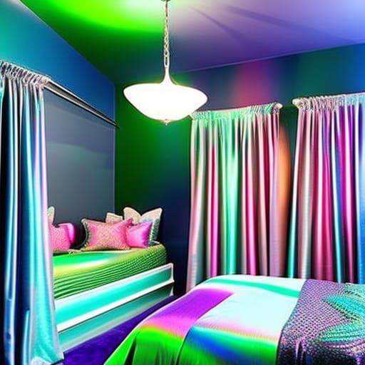 Iridescent Mermaid bedroom with iridescent blue walls with iridescent green accents& iridescent purple accents& sliver w...