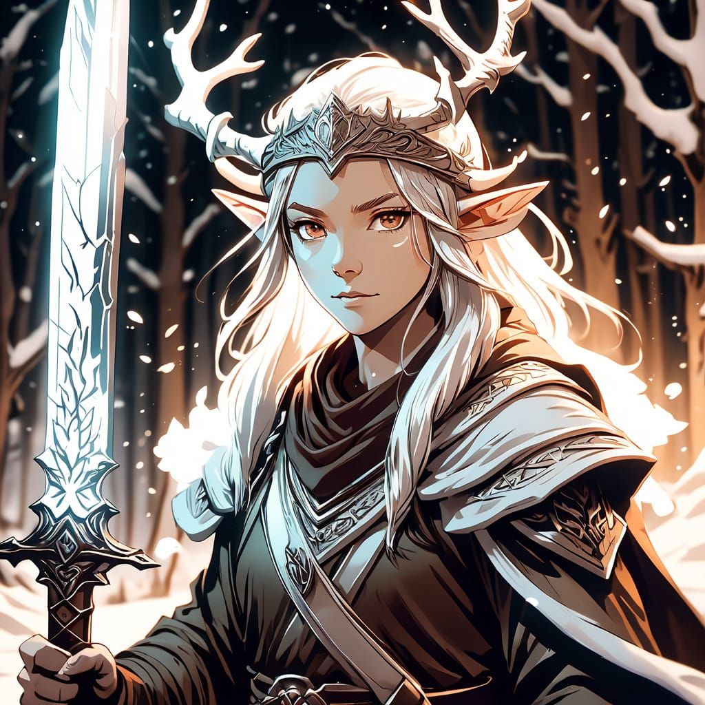 Ethereal Wood Elf Warrior in Winter Wonderland