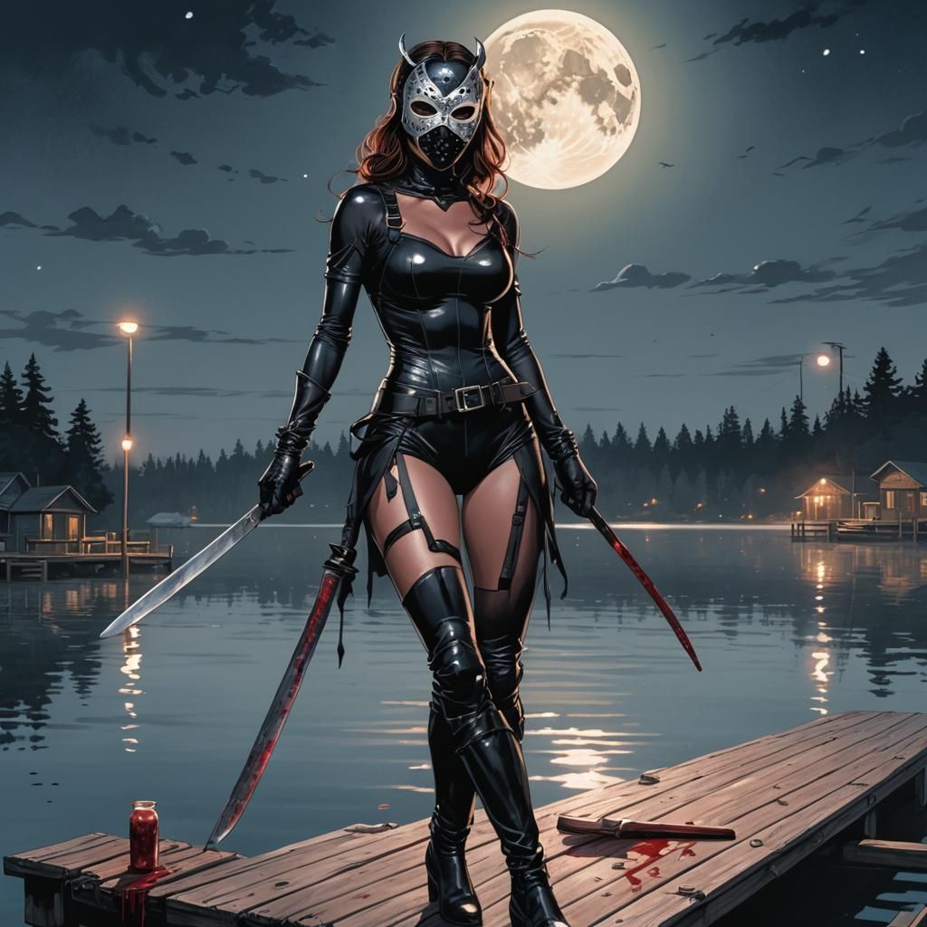 Woman with Hockey Mask on Dock in Comic Art Style