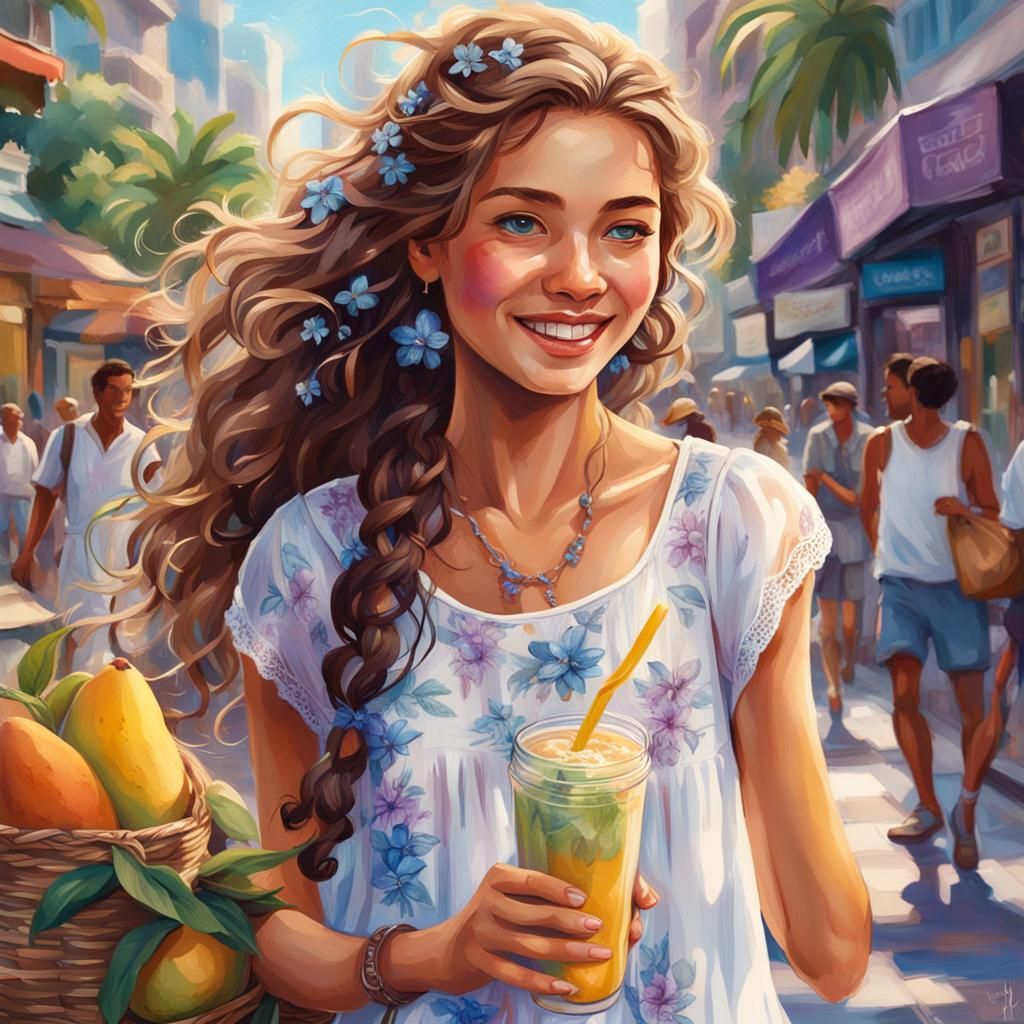 Woman with Smoothie on Busy Street