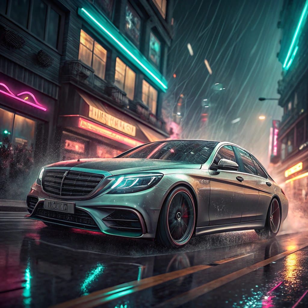 Cyberpunk Mercedes Races Down Neon Street