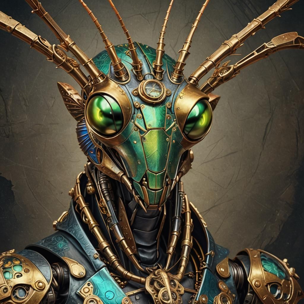 Steampunk Praying Mantis in Hyperrealistic Digital Art
