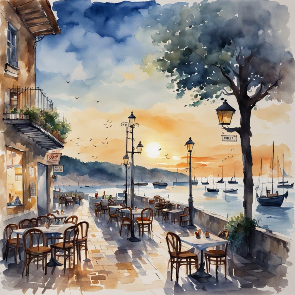 Watercolor Cafe at Sunset Overlooking Bay