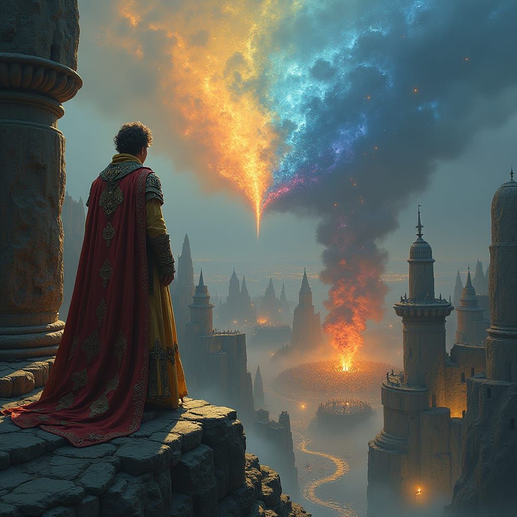 Magical Battle Watched by Regal Figure in Fantasy World