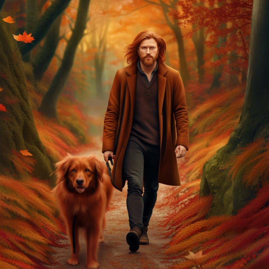 Man and Dog in Autumn Woodland: Fantasy Art
