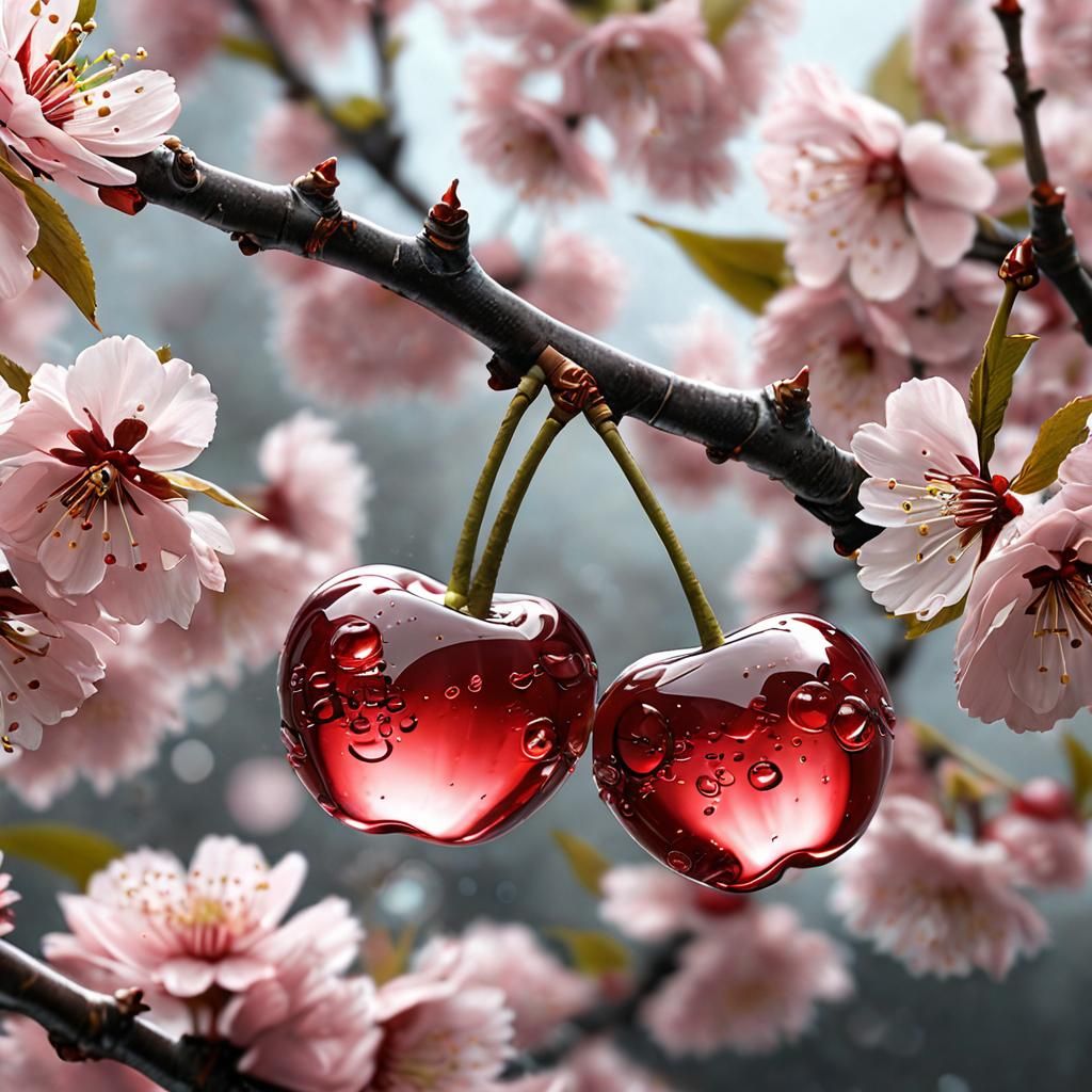Glass Cherries Reflecting Blossoms in Bloom