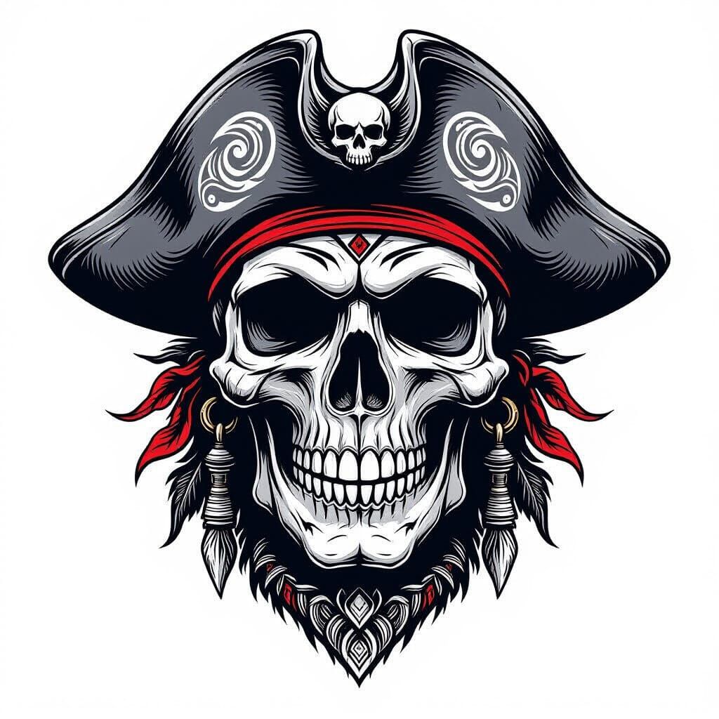Pirate Skull Tattoo Design with Tribal Patterns